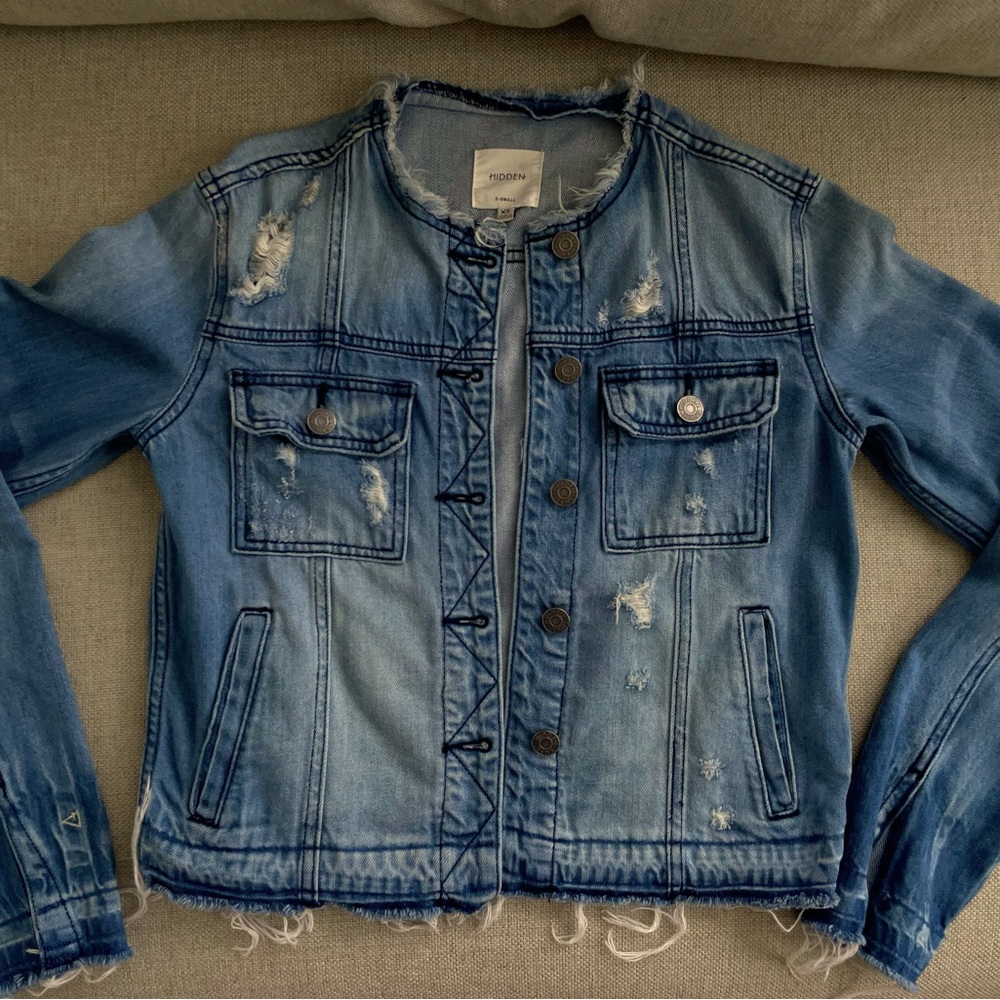 Distressed Collarless Denim Jacket - image 2